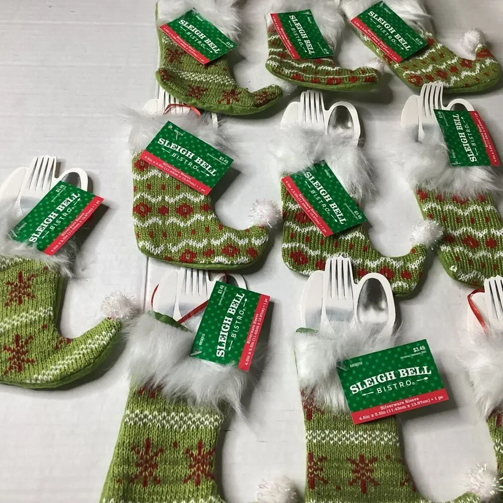 Sleigh Bell Bistro Christmas Knit Silverware Holder Stockings Set of 10 New